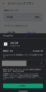 Google One 有料アップグレード　100GB年額