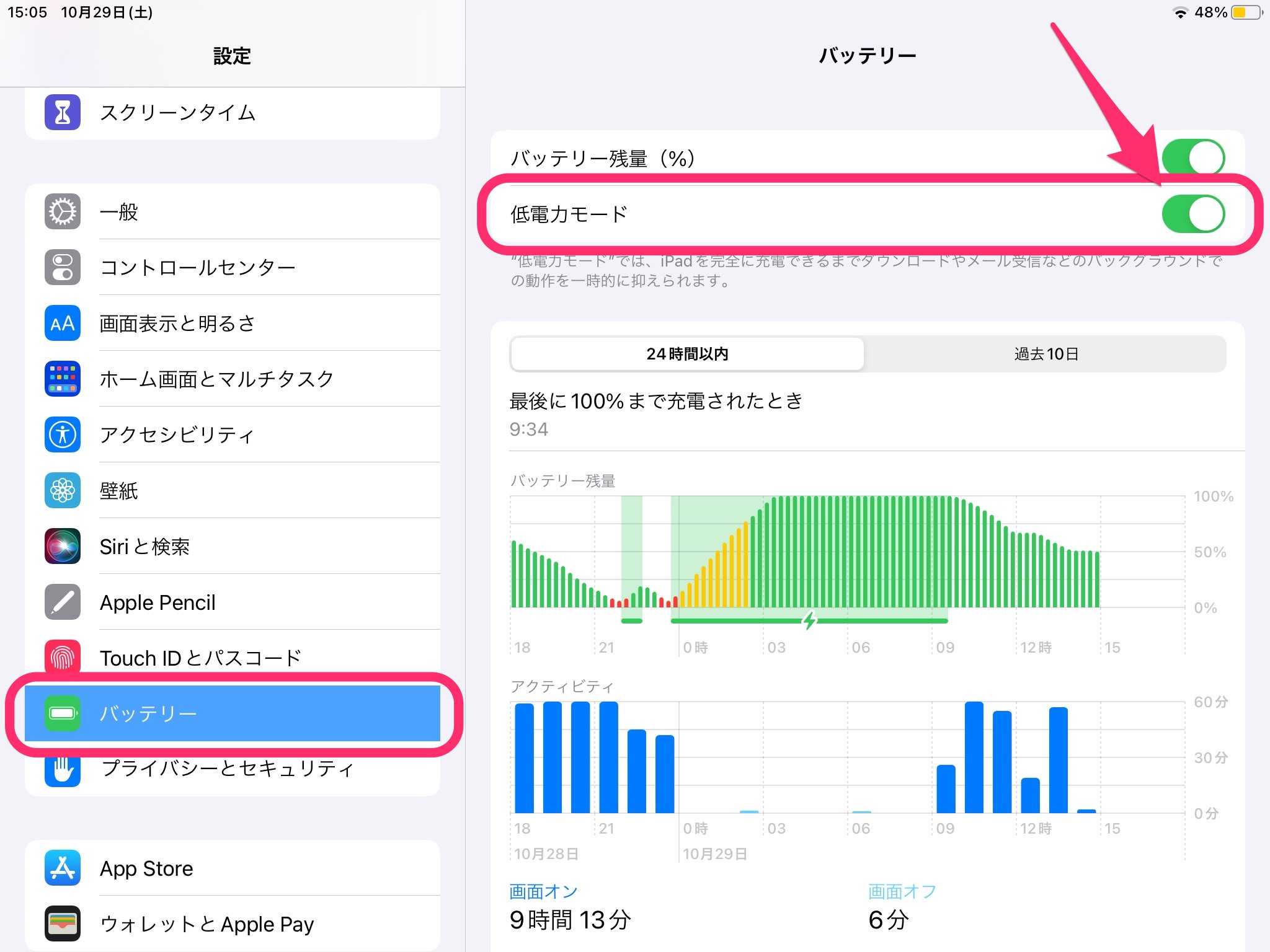 iPad 低電力モード　設定から