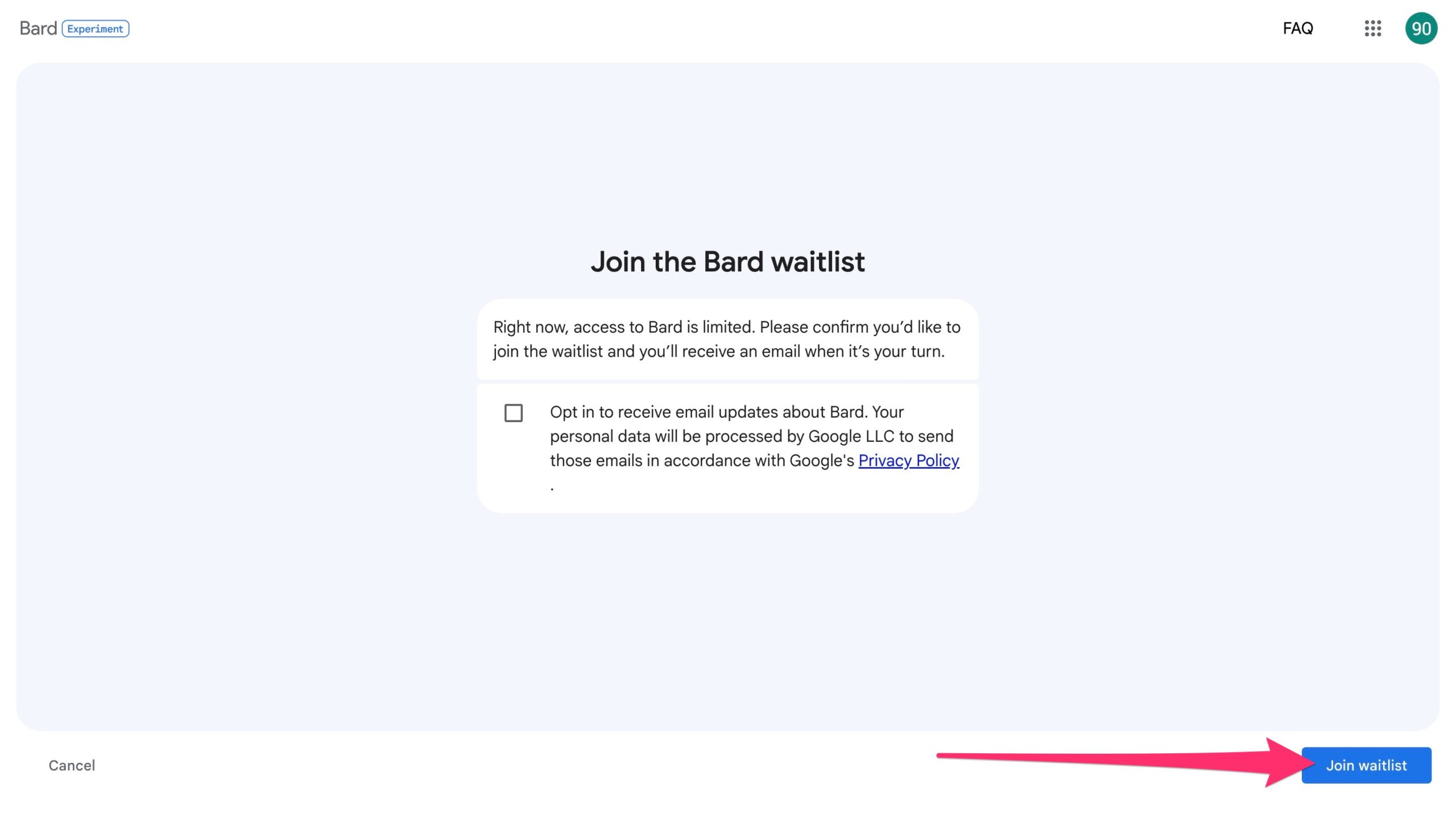 Google Bard　順番待ちリスト登録　進める