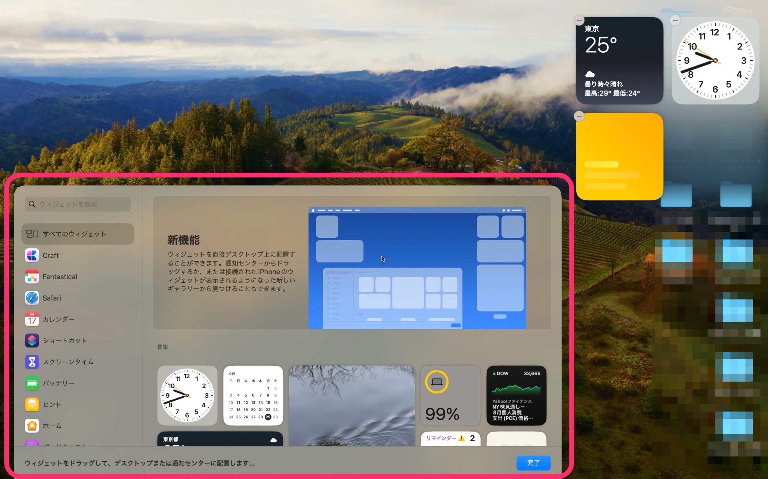 macOS Sonoma　ウィジェットをデスクトップ配置　編集画面