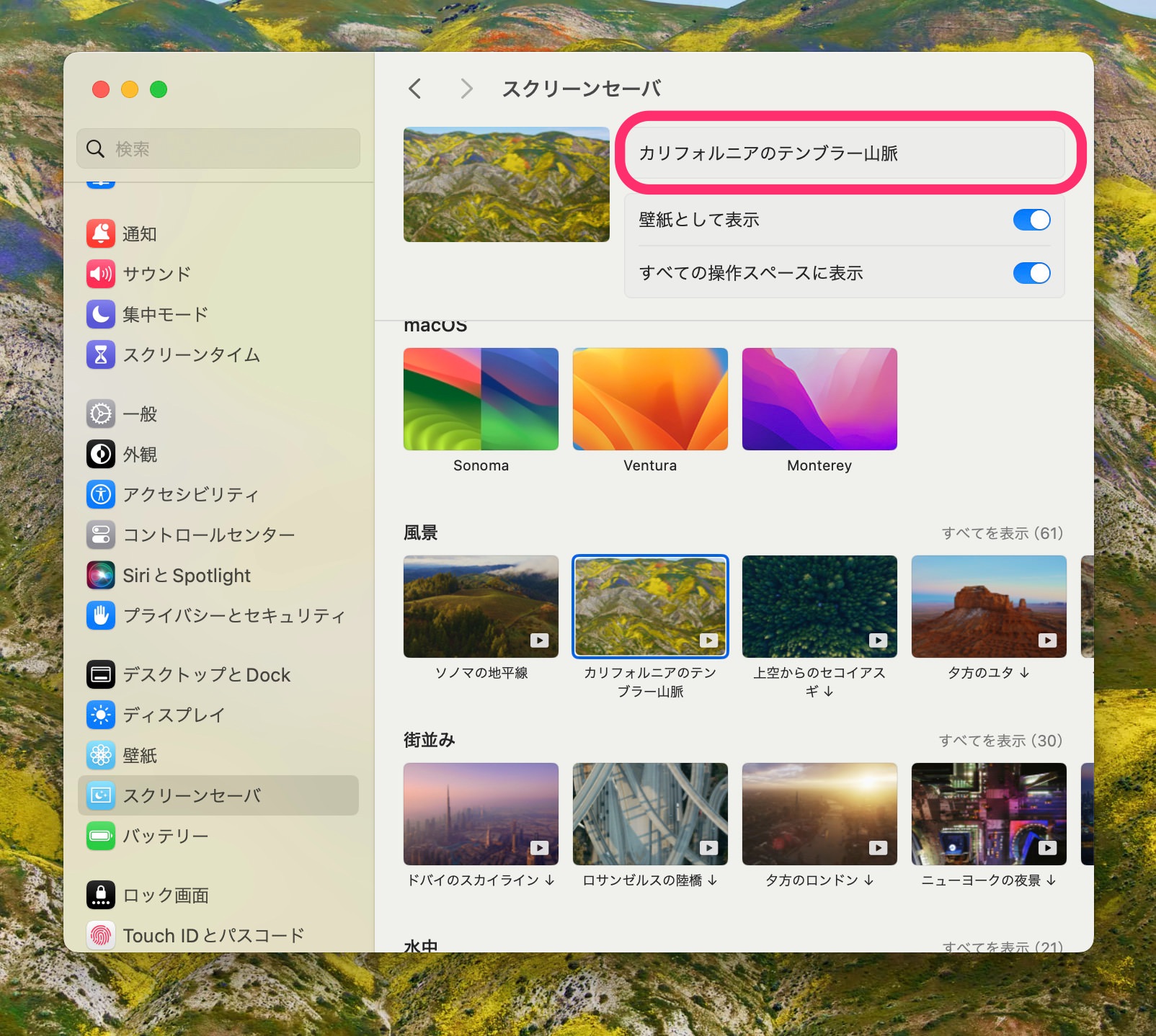 macOS Sonoma　スクリーンセーバ　テンブラー山脈