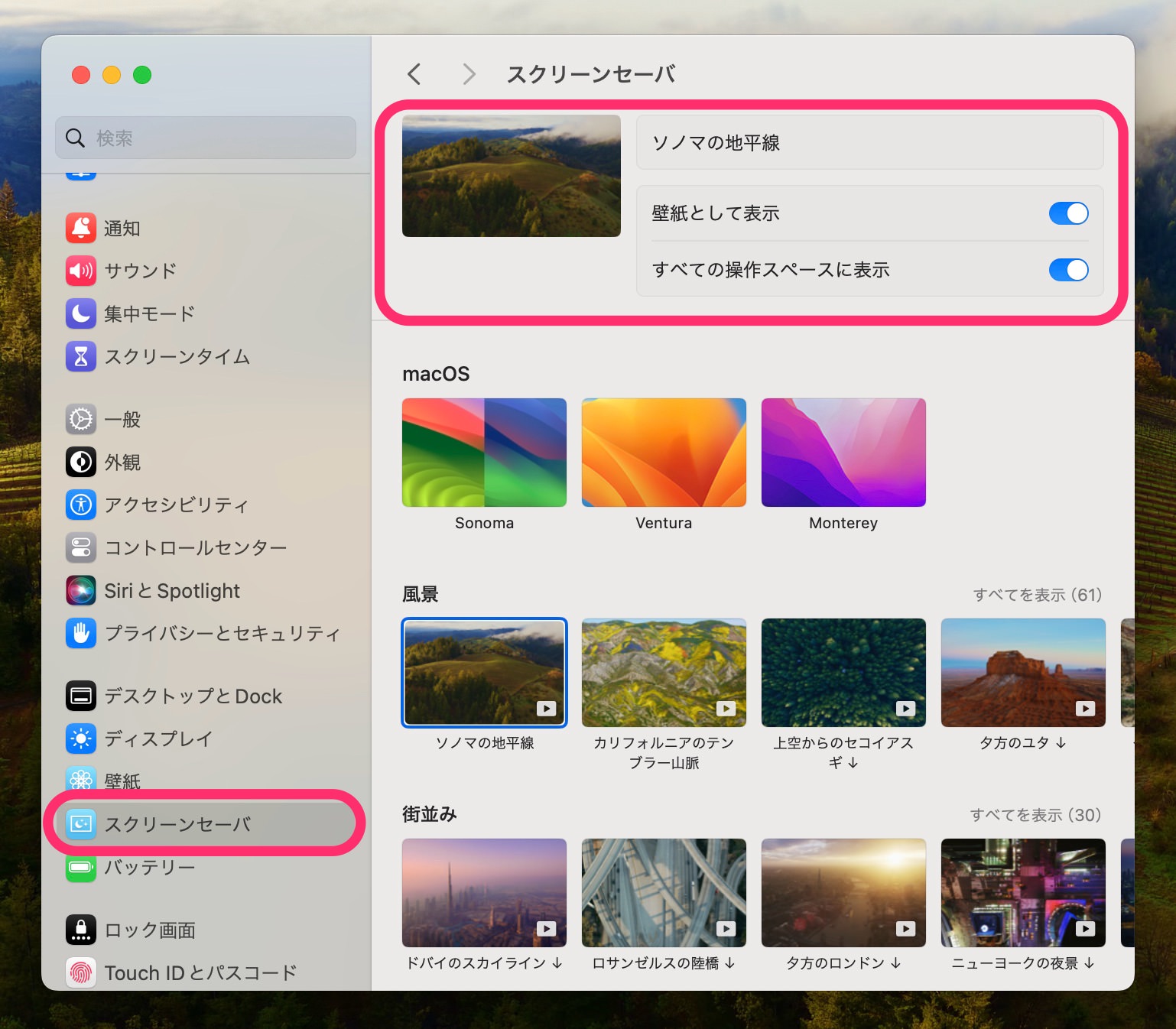 macOS Sonoma　スクリーンセーバー　設定