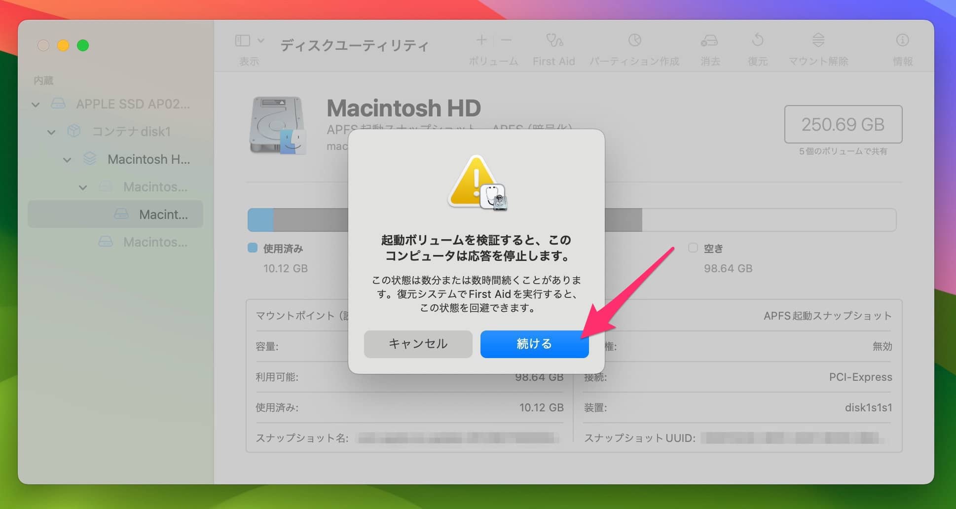 Mac ディスクユーティリティのFirst Aid機能　続ける