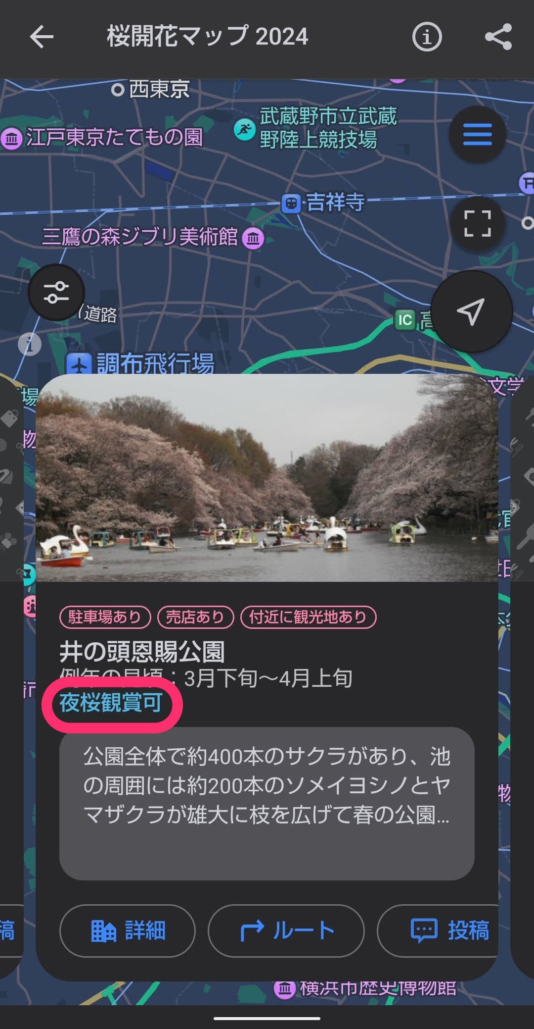 Yahoo!マップ　桜開花情報　夜鑑賞可能場所