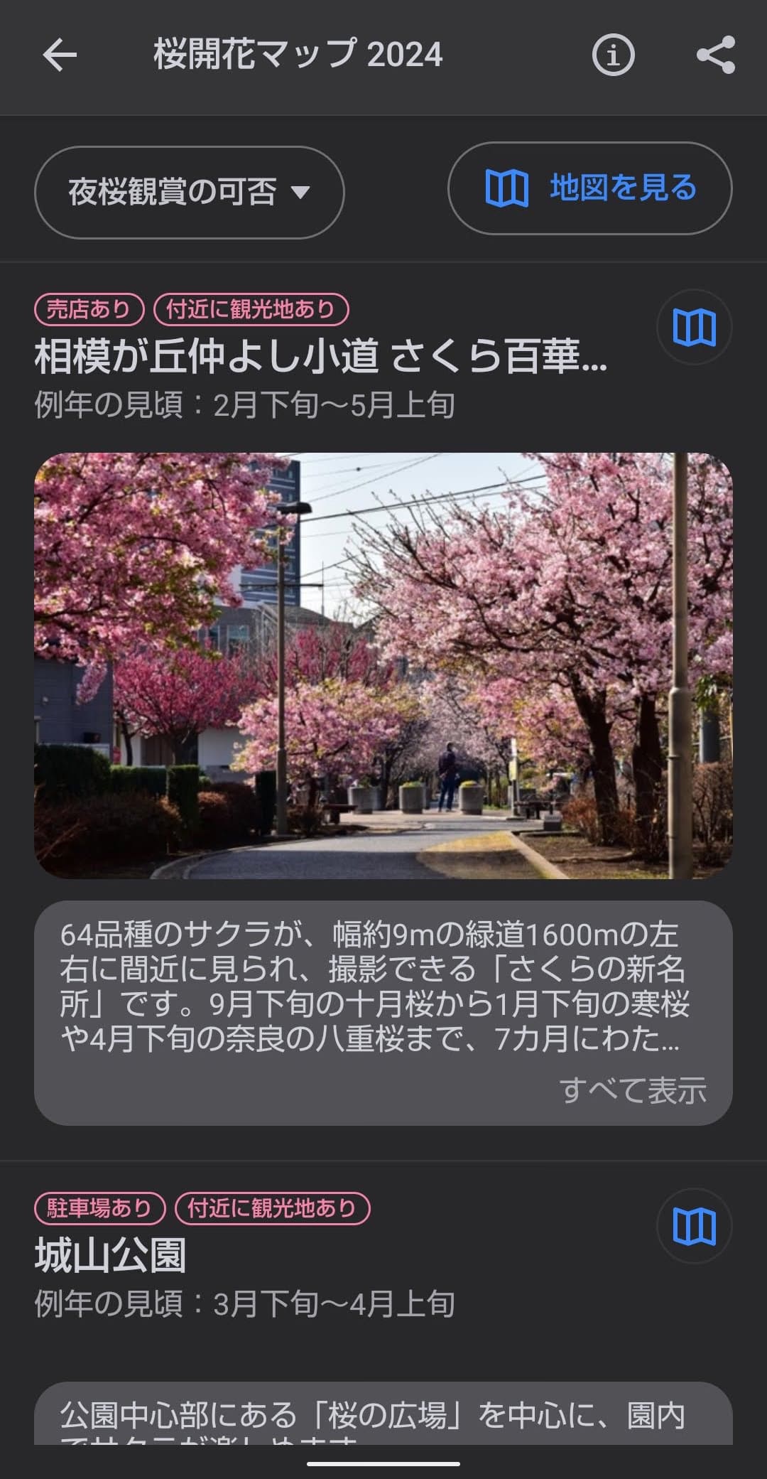 Yahoo!マップ　桜開花情報　情報一覧