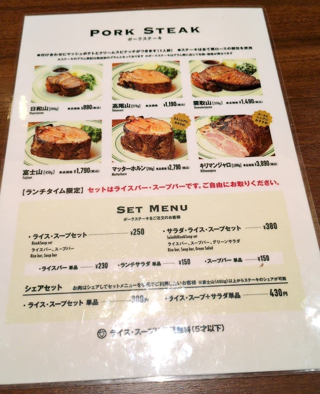 マロリーポークステーキ　メニュー表