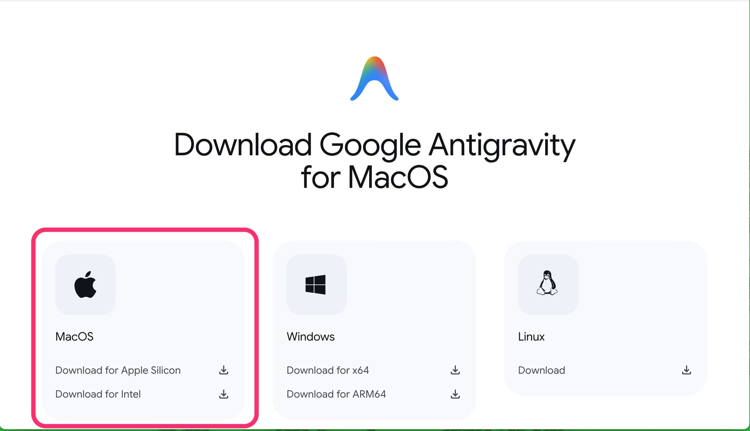 Mac用Google Antigravity　インストーラー　ページ