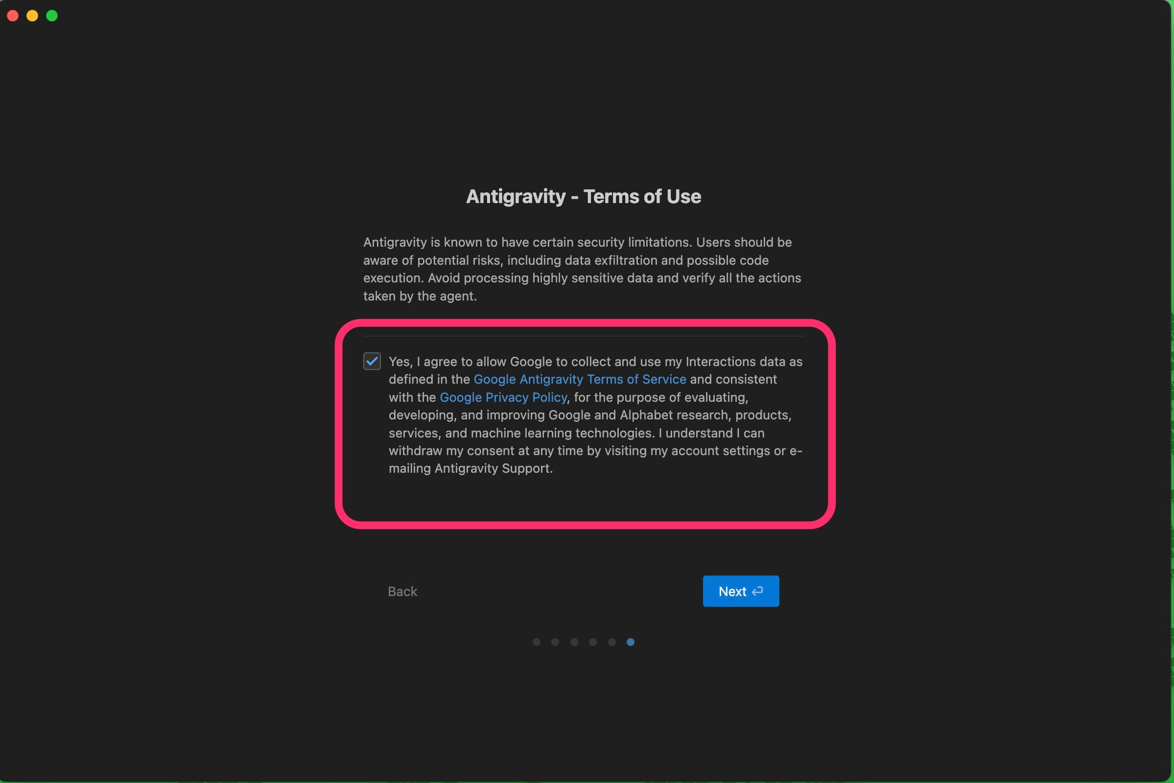 Mac用Google Antigravity　チェックボックス