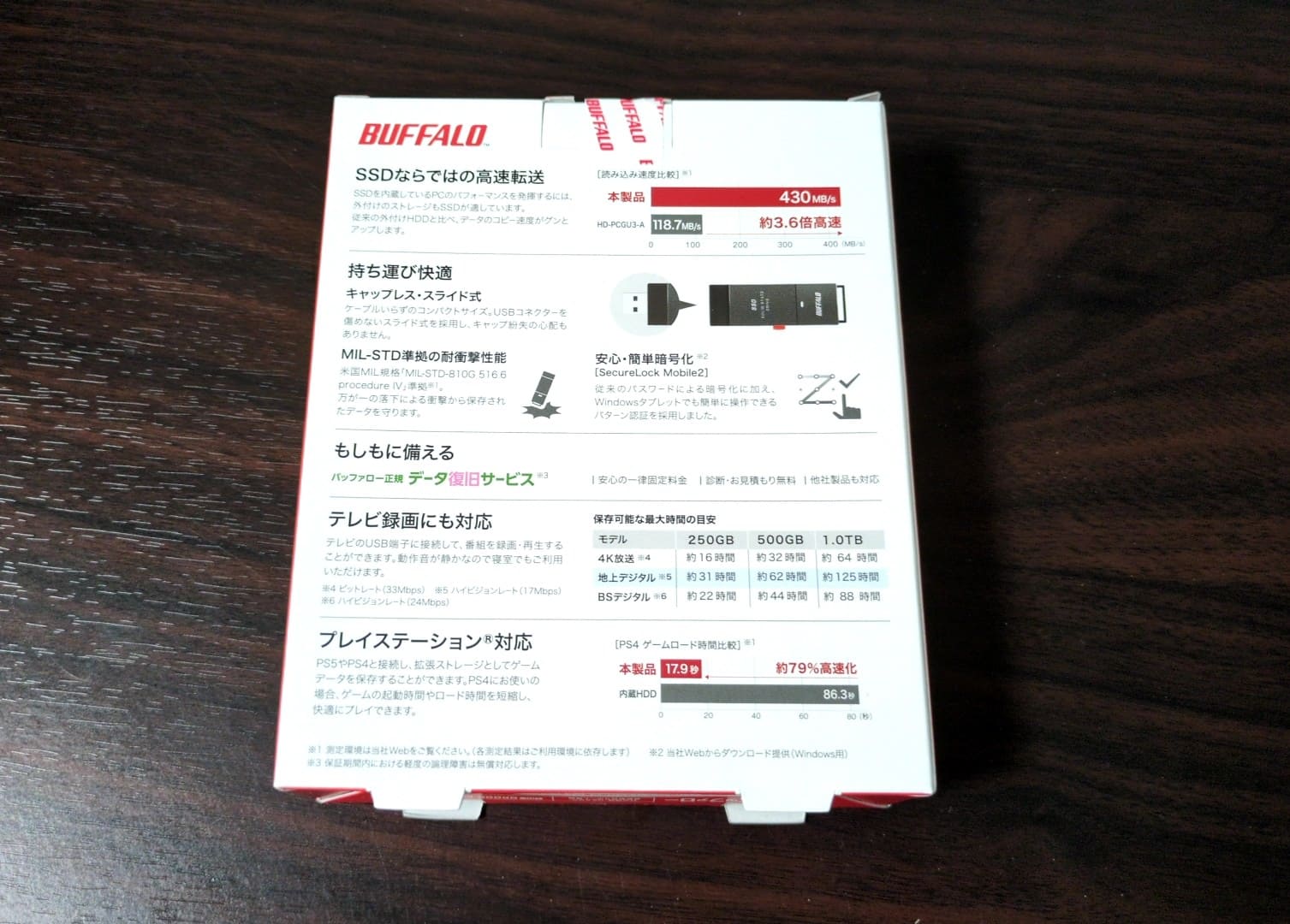 BUFFALO 外付けSSD（1.0TB SSD-PUT1.0U3-BKA）　箱うら