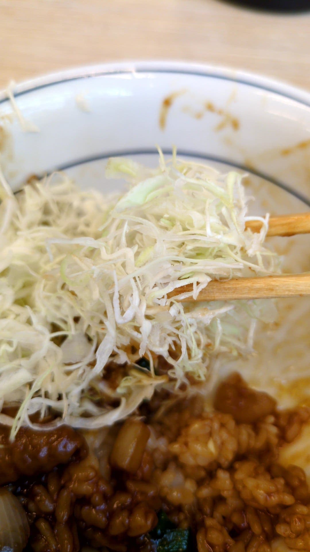 かつや　モツ野菜炒めとチキンカツの合い盛り丼　キャベツ